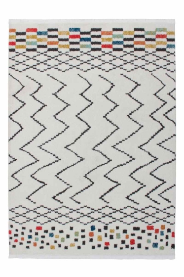 Arte Espina -  Agadir 410 Weiß/Schwarz/Multi | Hochflorteppich mit Fransen 160cm x 230cm